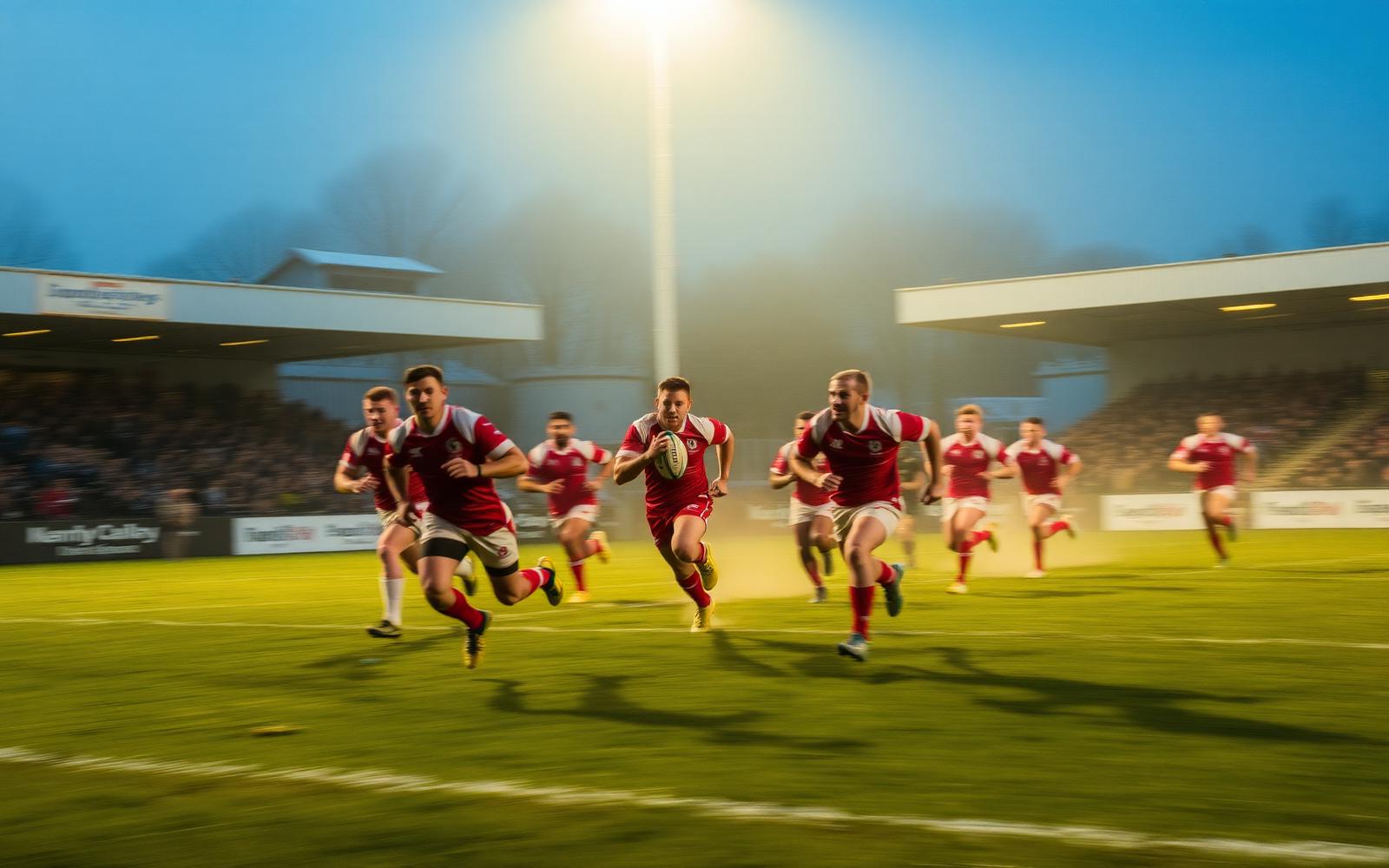 Rugby league players in red and white kit attacking under floodlights