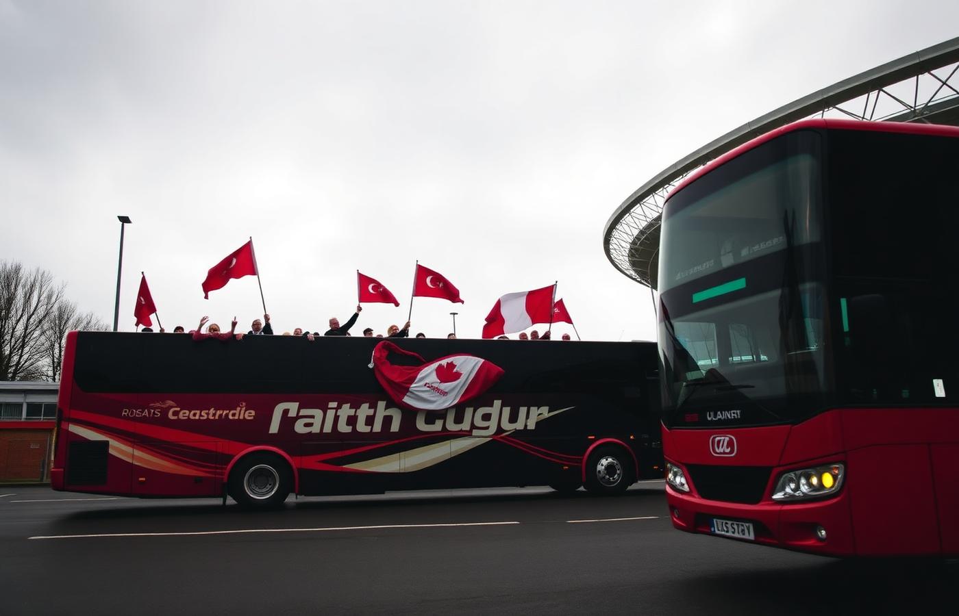 Supporters coach outside the stadium before an away game
